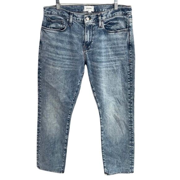 Frame L'Homme Slim Jeans Men’s 34 Hemmed to 28” Light Wash Blue Denim Stretch - Picture 1 of 12